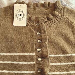 NXH Ruffle Button Front Sweater in a soft warm brown color.